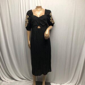 Savanna Jane Black Midi Dress Womens Size Small Embroidered Puff Sleeves NEW
